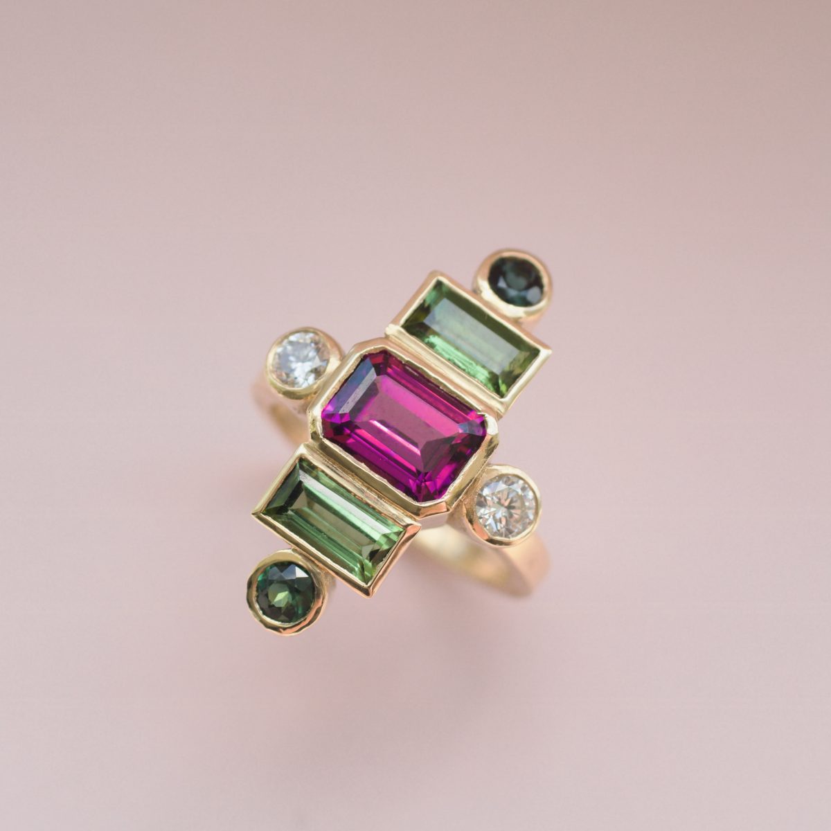 Art Deco inspired multi gem and gold ring